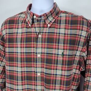 Ralph Lauren Custom Fit‎ Mens Large Red Green Plaid Button Down Long Sleeve